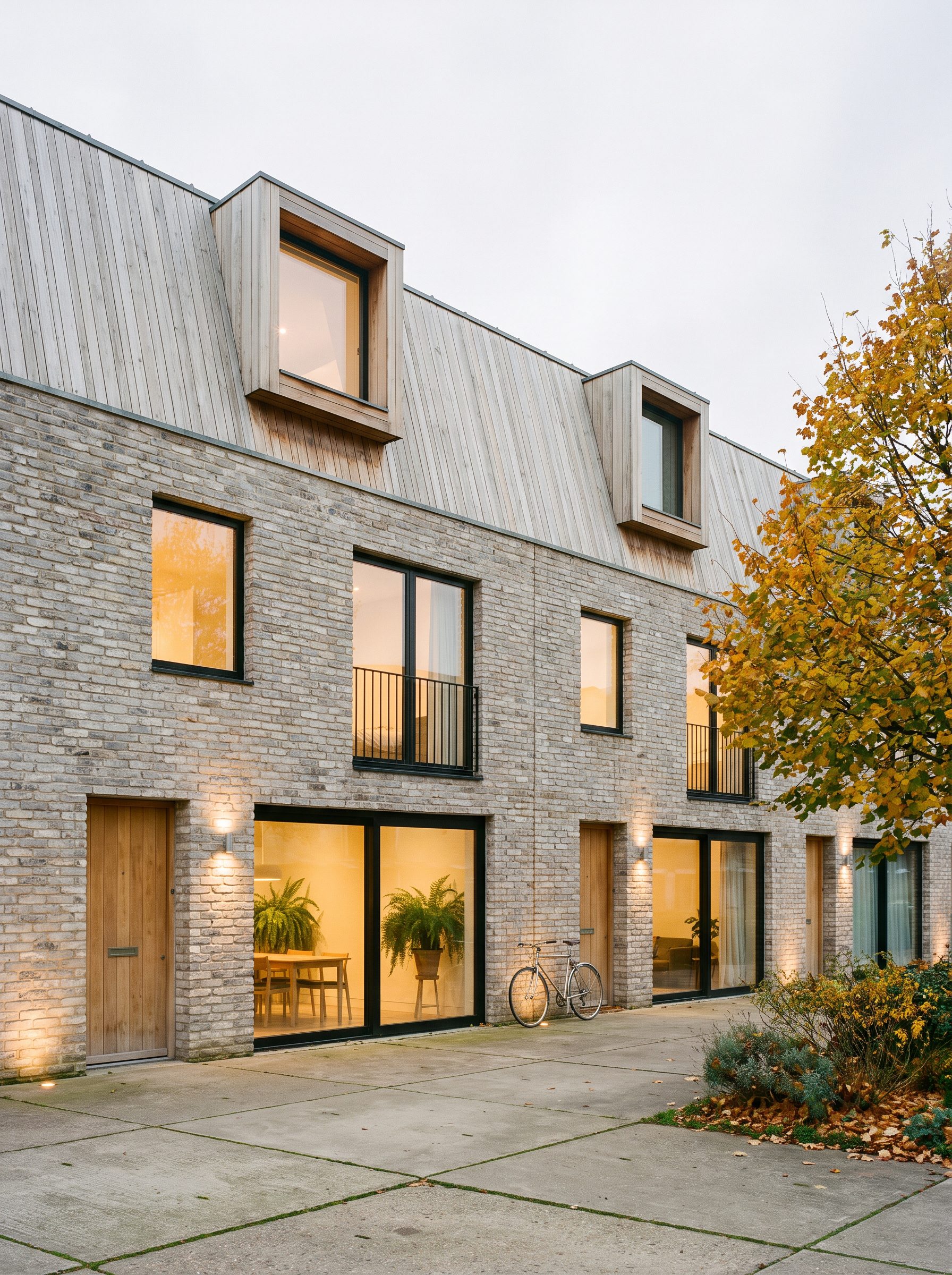 Grey brick terraced houses with timber dormers at dusk