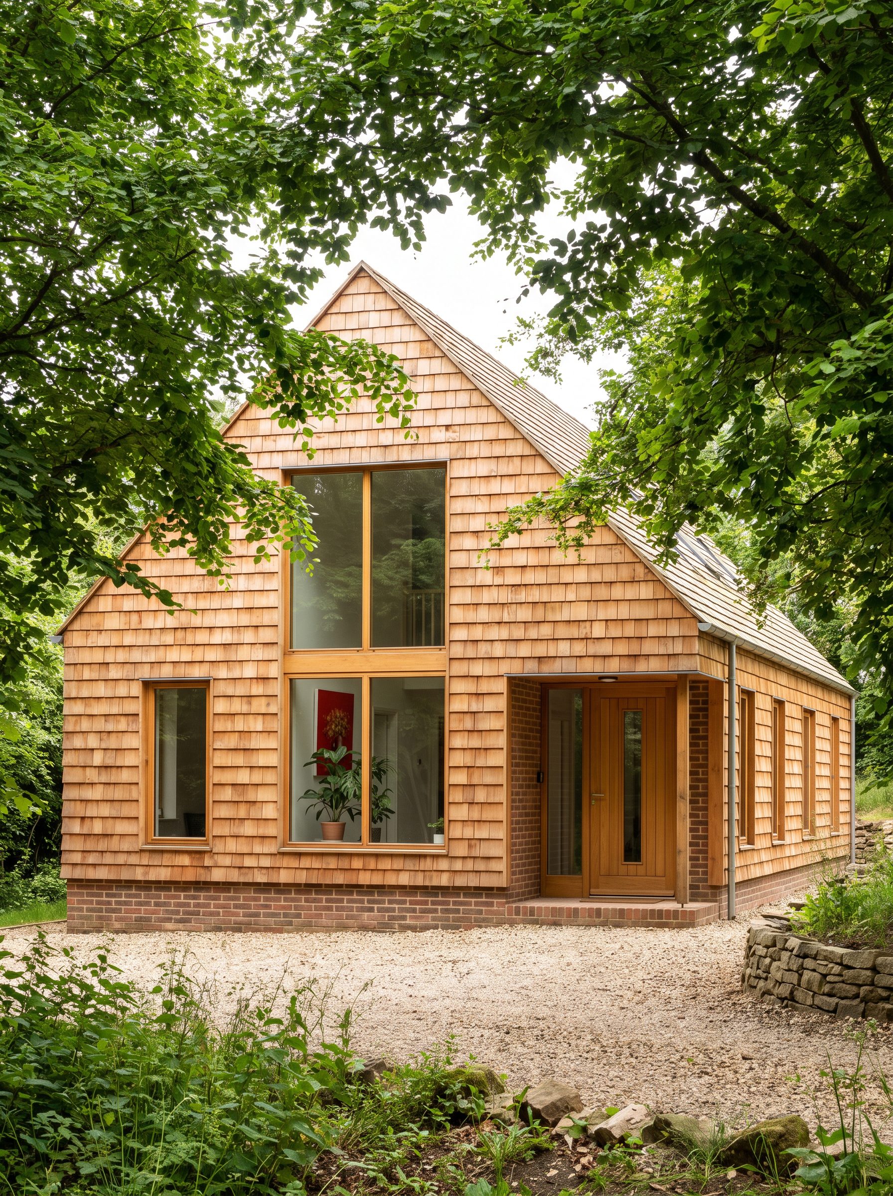 Cedar-shingled gable house set among trees